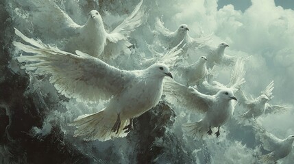Obraz premium Flight of Doves: A Serene Digital Painting