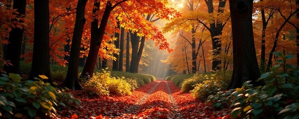 Fototapeta premium Forest path lined with vibrant autumn leaves and colorful foliage, forest path, tree branches, nature scenery