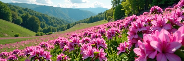 Obraz premium Full bloom azaleas creating a stunning floral carpet on the hillside in shades of pink and purple, floral, meadow