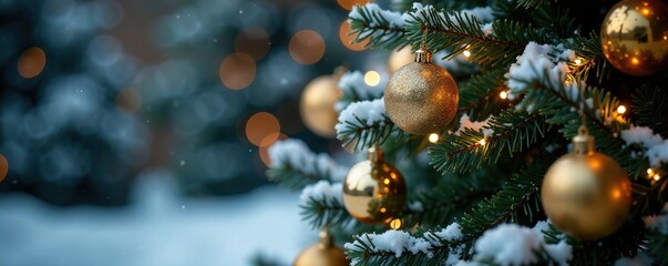 Snow-covered evergreen tree with golden ornaments and sparkling lights, holiday decorations, sparkling lights, golden ball