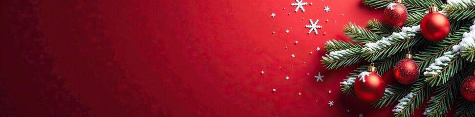 Naklejka premium Snow-covered pine branch with ornaments and snowflakes on deep red background, white, , Christmas tree