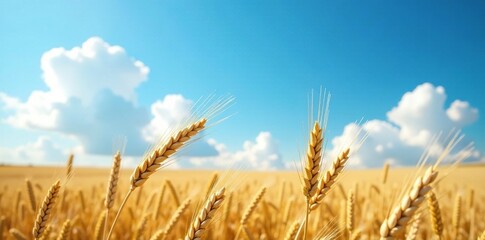 Golden barley ear against a bright blue sky with white fluffy clouds, outdoor, field, blue sky