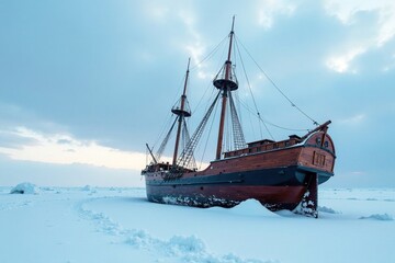 Large wooden sailing ship lying still and silent, half-buried in Arctic snow and ice, natural silence, arctic snow