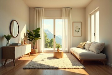 Fototapeta premium Light and airy interior with morning sunlight, atmosphere, peaceful, airy