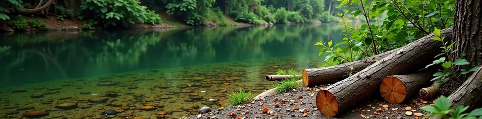Logs and branches arranged in a decorative pattern on the ground near a pond, pond landscape, tree branches, log arrangement