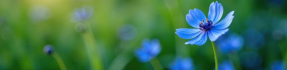 Fototapeta premium The blue flower's slender stem bends and sways with the wind, nature photography, blue flower, plant details