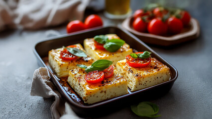 Pizza with cheese and tomatoes. Dish cheese tomatoes food baked red tomato spices black baking sheet. A baking sheet with red and black cheese and spices. Lifestyle.
