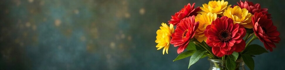 Red and yellow flowers in a still life arrangement with a vase, still life, vase