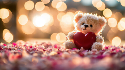 Fototapeta premium Valentine's Day teddy bear holding a heart concept. A teddy bear holding a red heart sits on a bed of petals, surrounded by soft, glowing lights.