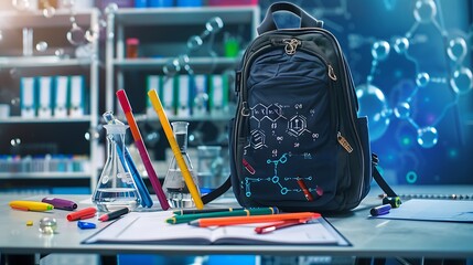 Back to school mockup with a classic backpack, chemistry materials, and colorful pens on a futuristic science lab background, with a mockup