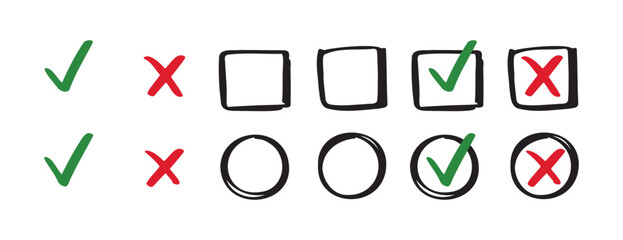 Check and cancel signs doodle icons. yes and no signs on circle and square hand drawn doodle signs. 