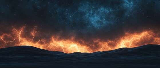 Fototapeta premium Dramatic night sky landscape with intense lightning storm illuminating rolling hills, vibrant cosmic display, moody clouds swirling, flickering stars peeking through, electric energy, raw nature