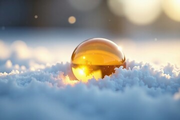Single golden honeydrop resting on a snow-like white surface, airy, serene