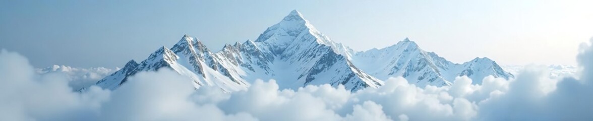 Obraz premium Snow-capped mountain peaks rising into misty grey clouds, icy peaks, snow mountains