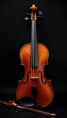 Fototapeta premium A single wooden violin placed on top of a black background with its bow rests in the foreground, black, isolation, simple