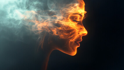 Obraz premium An abstract image of a woman's face with smoke coming out of her mouth. Face fire black background full girl flame smoke. A girl faces a flame full of smoke. Lifestyle.