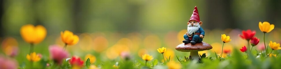Obraz premium A small gnome sits on a mushroom in a field of colorful spring flowers, garden, nature