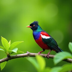 Fototapeta premium A tui's colorful plumage against the green leaves of a Taiwan cherry tree, nature, Taiwan cherry tree