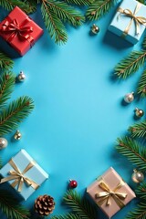 Blue Christmas background with pine cone garland and gift boxes, gift boxes,