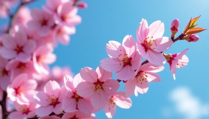 Obraz premium Soft pink petals unfurl against a cerulean sky, cherry blossom, nature