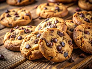 Delicious Chocolate Chip Cookies: Close-Up Photography on Rustic Wood