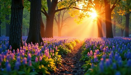 Obraz premium Bluebell woods at sunrise with warm golden light and mist, soft focus, misty dawn