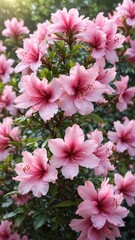 Soft pink azalea flowers start to unfurl in the gentle morning dew, garden, morning dew