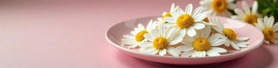 Obraz premium Steaming chamomile flowers on a pink ceramic plate, herbal, herb