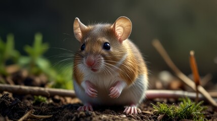 Adorable house mouse sitting on ground.