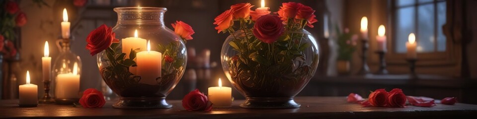 Fototapeta premium The beauty of the roses is enhanced by the soft glow of candles placed behind them in a beautiful apothecary jar vase , soothing, candles