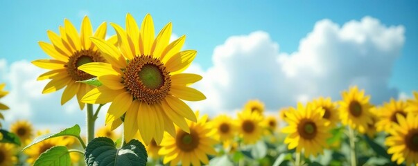 Obraz premium Vibrant sunflower blooms with petals unfolding against a serene blue sky, garden, photography