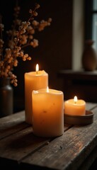 Warm ambiance with flickering candles on a rustic wooden table, earthy, wood, ambiance