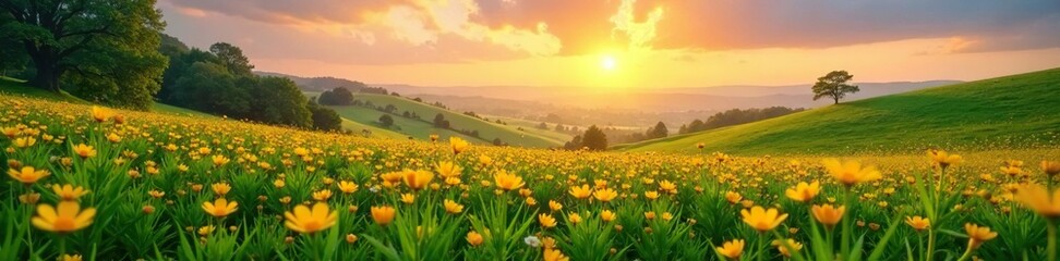 Obraz premium Descripcion de un paisaje con campos verdes y flores amarillas y naranjas, peaceful atmosphere, dawn breaking