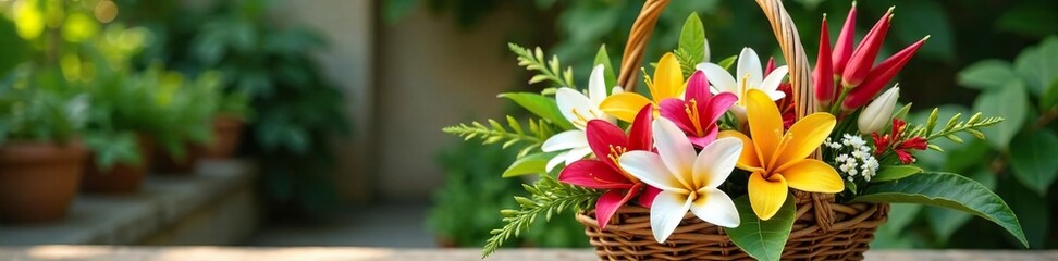 Obraz premium Exotic flowers and greenery arranged in a woven wicker basket, nature-inspired, earthy tones, outdoor decor