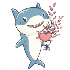 Naklejka premium A cute cartoon shark holding a heart and flowers, symbolizing love and friendship.