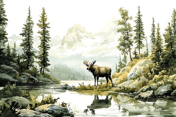 Naklejka premium Majestic Moose by Mountain Lake A Serene Watercolor Landscape.