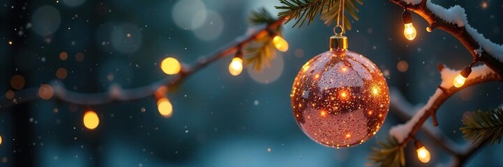 a shimmering sphere hanging from branches amidst string of fairy lights, hanging ornament, festive scene, winter branch