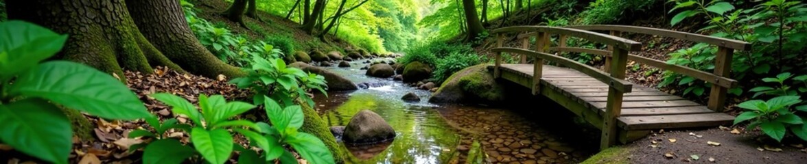 Obraz premium Forest floor with a wooden bridge spanning a small stream, natural, water, peaceful