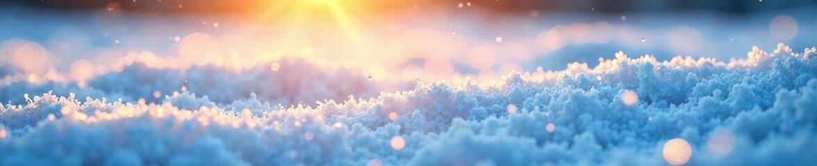 Frosty dots scattered on a snowy landscape with sun's reflection creating an icy sheen, sparkling ice, sunny day