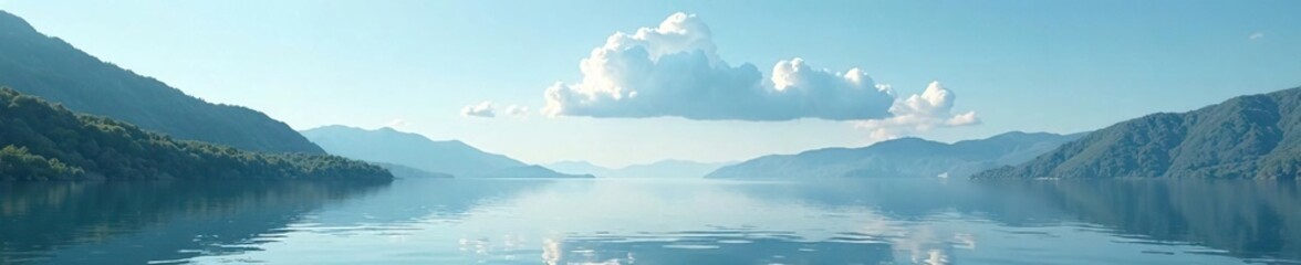 A solitary cloud drifts over the calm waters of a secluded lake, seclusion, water, natural