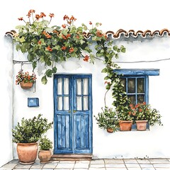 Naklejka premium Watercolor Painting of a Mediterranean House Entrance with Blue Door and Vibrant Flowers.