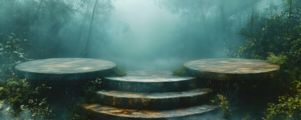 Obraz premium A misty, serene landscape featuring steps leading to circular platforms in a forest setting.