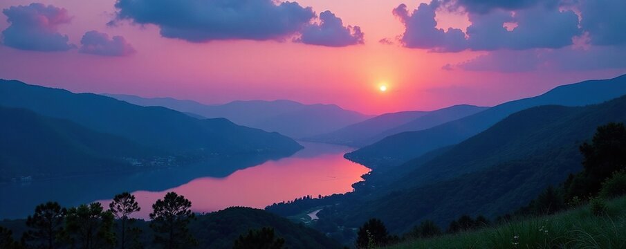 Crescent moon glows softly above the rolling hills surrounding Yesa lake at dusk, hills, evening light