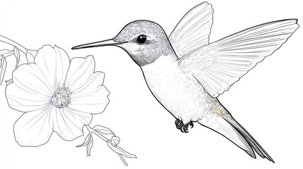 Obraz premium Playful Hummingbird with Flower: Children's Coloring Book Page