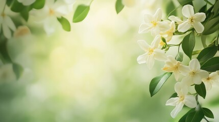 Fototapeta premium spring border, blooming jasmine bush on a green background. Soft selective focus with copy space