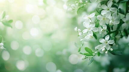 spring border, blooming jasmine bush on a green background. Soft selective focus with copy space