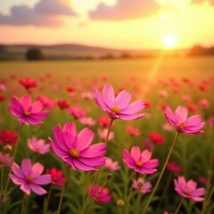 Obraz premium Field of pink cosmos flowers against a warm sunset background with gentle golden hues, nature, warm colors