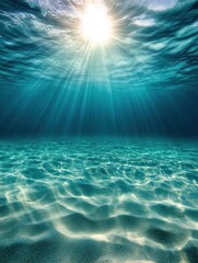Experience the tranquil beauty of the underwater world, illuminated by gentle sunlight filtering through clear blue waters, creating mesmerizing patterns on the sandy ocean floor.