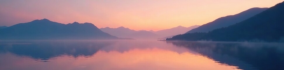 Foggy evening on the coast of distant mountains, still, reflective, serene