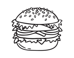Hamburger doodle icon, burger hand drawn sign. Outline hamburger, burger line.